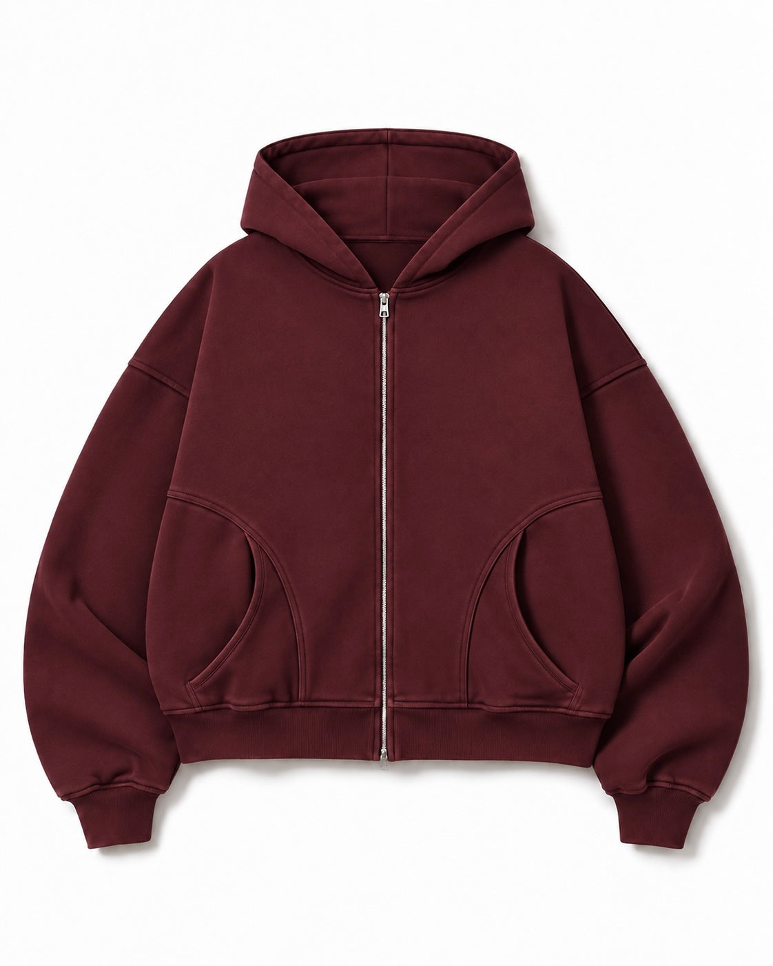 Burgundy Arc-Pocket Zip Hoodie
