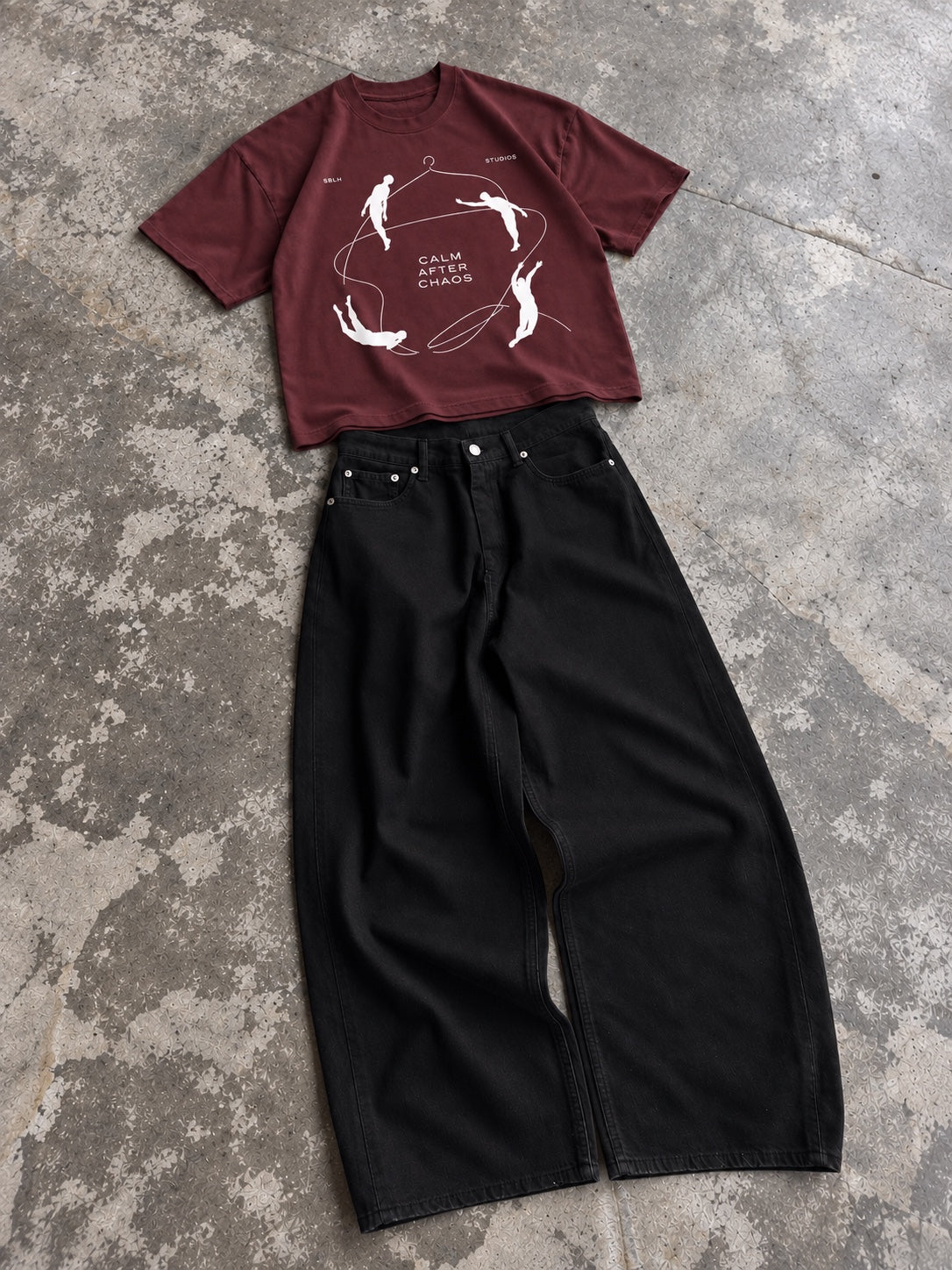 Calm After Chaos burgundy boxy tee with Solid Black baggy balloon denim set