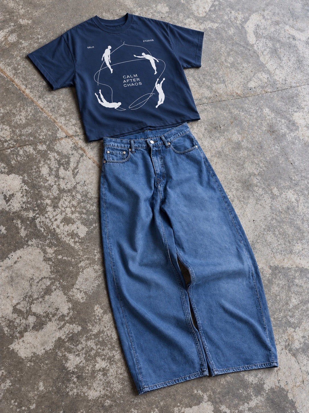 Calm After Chaos navy boxy tee with Mid Blue baggy balloon denim set