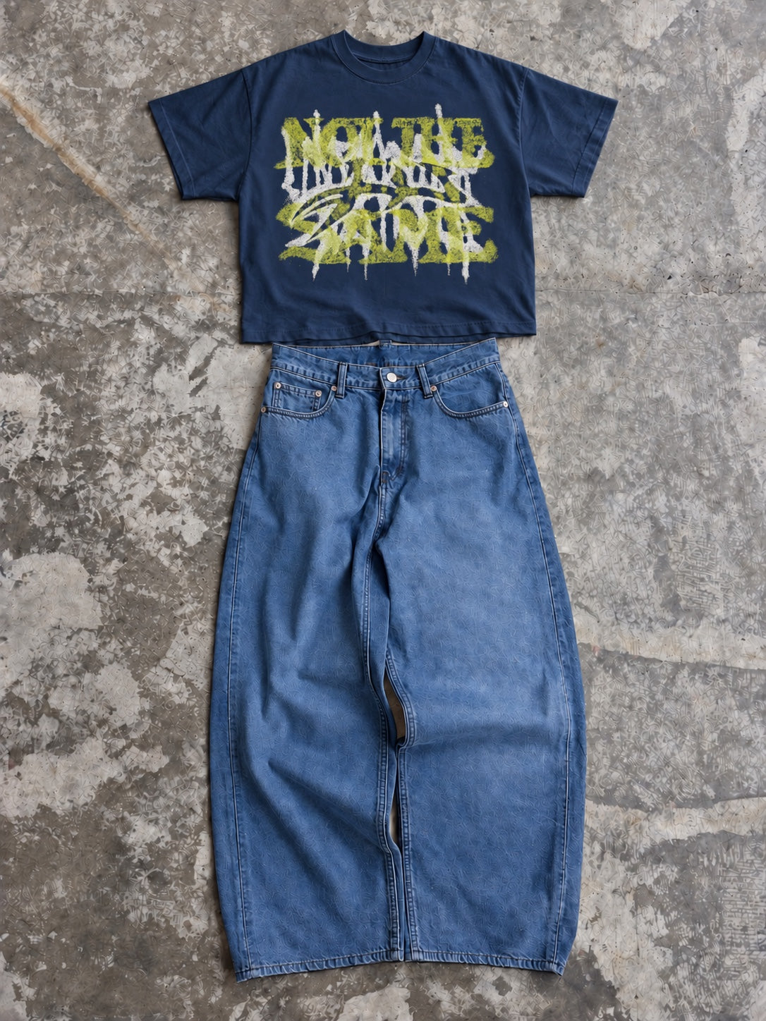 Not The Same navy boxy tee with mid blue baggy balloon denim set