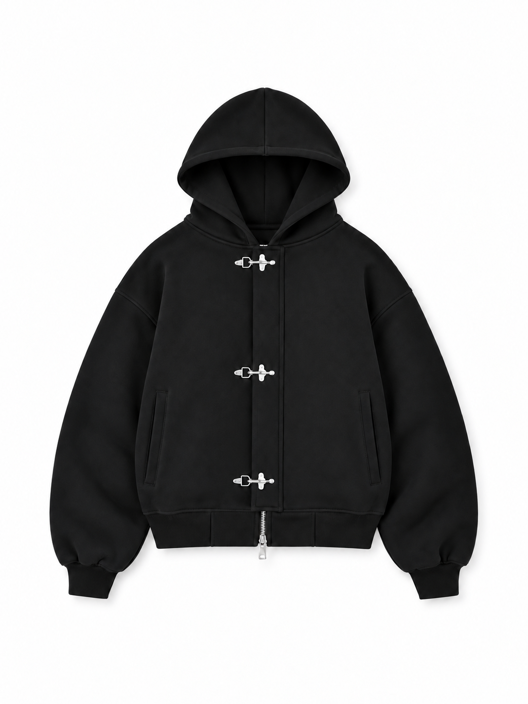 SRBL Hardware Clasp Jacket in Black — front view, heavyweight cotton fleece and three silver-tone clasps