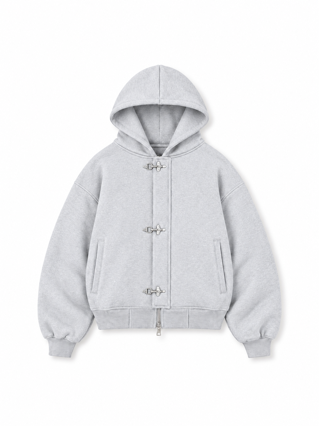 SRBL Hardware Clasp Jacket in Light Ash Heather — front view, heavyweight cotton fleece and three silver-tone clasps