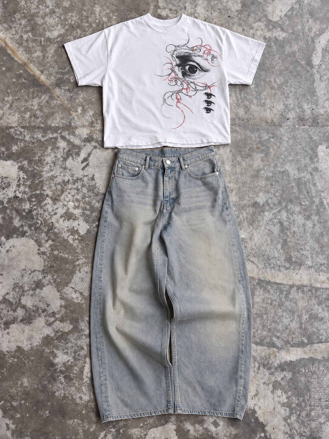 Veil Eye white boxy tee with Fog-Line baggy balloon jeans set