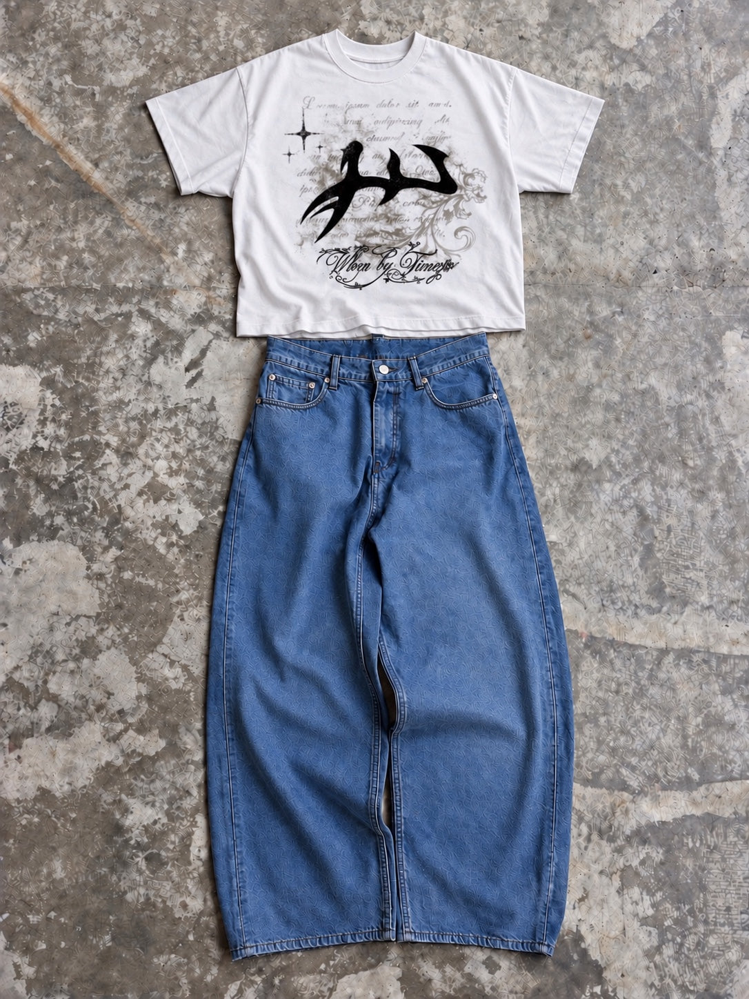 Worn by Time white tee with mid blue balloon denim set
